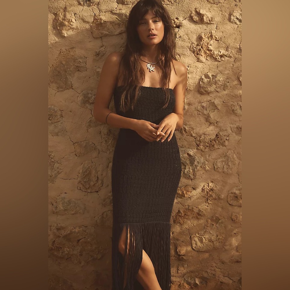 Anthropologie Black Crotchet Fringe Dress